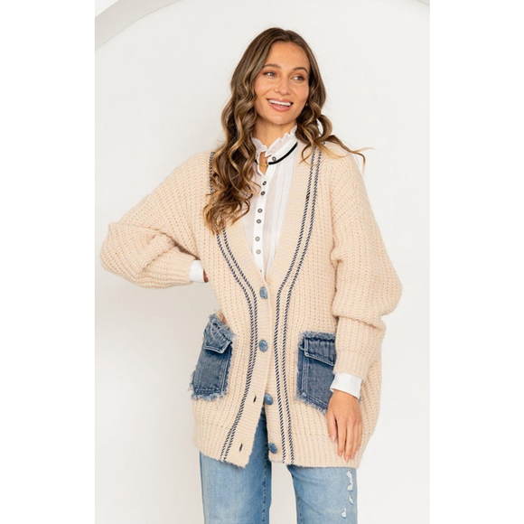 Women's Like Love Beige Cardigan with Denim Pockets S - Picture 3 of 15